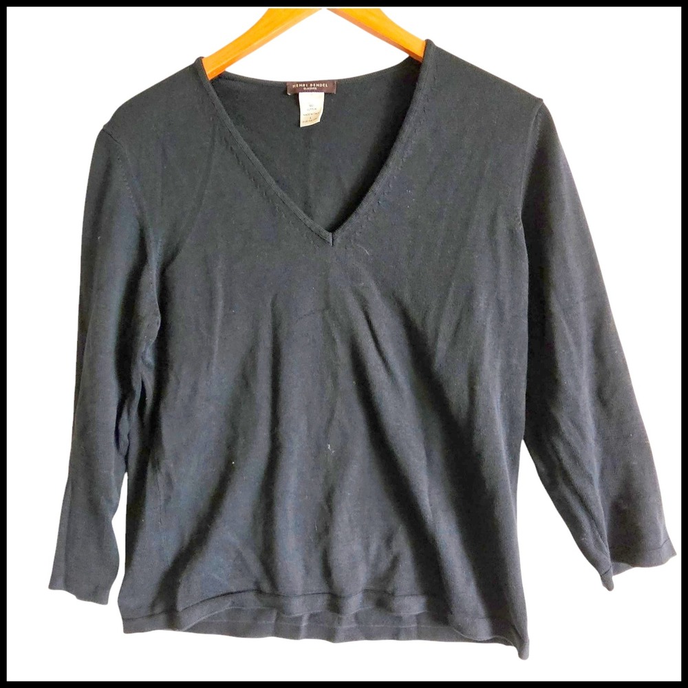Henri Bendel V-Neck Top Cotton Blend 3/4 Sleeve Knit Shirt‎ Black Large